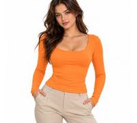 OOHOKAY Langarmshirt Damen U-Ausschnitt Basic Oberteile Y2K | Slim Fit Tshirt Crop Tops Lässige Streetwear