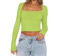 OOHOKAY Langarmshirt Damen U-Ausschnitt Basic Oberteile Y2K Slim Fit Tshirt Crop Tops Lässige Streetwear(Apfel grün-U1,S)