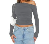 OOHOKAY Schulterfreies Oberteil Langarmshirt Damen Basic Tshirt Casual Y2K Slim Fit Crop Tops(Grau-j,XL)