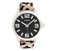 Oozoo C0901 Damenuhr für Damen, silberfarbenes Metallgehäuse, schwarzes Zifferblatt, Leoparden Look Armband, Japanisches Quarzwerk, Mineralglas, 46 mm