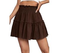 OPOIPIN Damen Sommer Süß Hohe Taille Rüschen Rock Swing Strand Minirock, Dunkelbraun, einfarbiges Schwarz, X-Klein