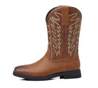 OPPOQ Herren-Western-Cowboystiefel aus Leder mit quadratischer Zehenpartie, mittelhoher, lässiger Arbeitsstiefel, bestickter Country-Stiefel aus Leder, Moderne, traditionell bestickte,Braun,48