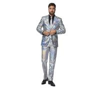OppoSuits Silberner Anzug für Herren, Silvesterparty, holografisches Karomuster, Silber, inklusive passender Jacke, Hose und Krawatte, Discoballer, 54