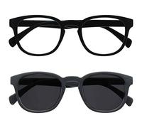 OPULIZE POP Lesebrille für Damen und Herren mit Lesesonnenbrille - 2er Pack - Lustige Runde Brille Matt - Getönte Gläser mit UV400 - Federscharniere - Shwarz Grau Sonnenbrille +1.50