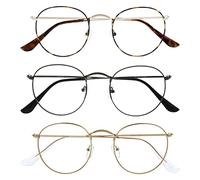 OPULIZE Sol - Lesebrille 3er Pack Blaulichtfilter Runder Metall Retro Rahmen Verbessern Den Schlaf Computer Gaming Entspiegel Braun Metallgrau Herren Gold Damen BBB94-279 +2.50
