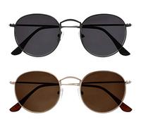 OPULIZE Sol Sonnenbrille 2er Pack Dünner Rand Runde Retro-Metallfassungen Kratzfest Getönte Linse UV400-Schutz Metallgrau Schwarze Gold Braun Herren Damen SS94-79 +0.00