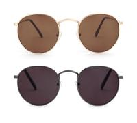 OPULIZE Sol Sonnenbrille 2er Pack Dünner Rand Runde Retro-Metallfassungen Kratzfest Getönte Linse UV400-Schutz Metallgrau Schwarze Gold Braun Herren Damen SS94-79