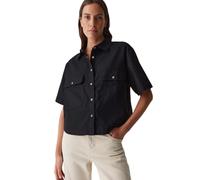 OPUS Damen Kurzarmbluse | Hemdbluse FRINGO Boxy Fit aus Leinen Mix Black, 36