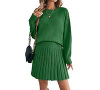 ORANDESIGNE 2 Stücke Set Damen Rollkragenpullover Schulterpullover Fallen Lassen und Plissierter Strickrock Einfarbiger Rundhals Langarm Pullover und Rock Zweiteiliger Strickkleid Anzug B Grün M