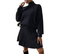 ORANDESIGNE 2 Stücke Set Damen Rollkragenpullover Schulterpullover Fallen Lassen und Plissierter Strickrock Einfarbiger Rundhals Langarm Pullover und Rock Zweiteiliger Strickkleid Anzug A Schwarz M