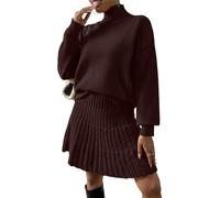ORANDESIGNE 2 Stücke Set Damen Rollkragenpullover Schulterpullover Fallen Lassen und Plissierter Strickrock Einfarbiger Rundhals Langarm Pullover und Rock Zweiteiliger Strickkleid Anzug A Braun S