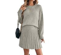 ORANDESIGNE 2 Stücke Set Damen Rollkragenpullover Schulterpullover Fallen Lassen und Plissierter Strickrock Einfarbiger Rundhals Langarm Pullover und Rock Zweiteiliger Strickkleid Anzug B Hellgrau S