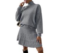 ORANDESIGNE 2 Stücke Set Damen Rollkragenpullover Schulterpullover Fallen Lassen und Plissierter Strickrock Einfarbiger Rundhals Langarm Pullover und Rock Zweiteiliger Strickkleid Anzug A Grau XL