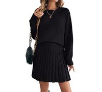 ORANDESIGNE 2 Stücke Set Damen Rollkragenpullover Schulterpullover Fallen Lassen und Plissierter Strickrock Einfarbiger Rundhals Langarm Pullover und Rock Zweiteiliger Strickkleid Anzug B Schwarz L