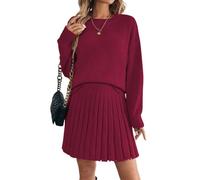 ORANDESIGNE 2 Stücke Set Damen Rollkragenpullover Schulterpullover Fallen Lassen und Plissierter Strickrock Einfarbiger Rundhals Langarm Pullover und Rock Zweiteiliger Strickkleid Anzug B Weinrot XS