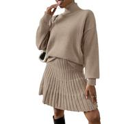 ORANDESIGNE 2 Stücke Set Damen Rollkragenpullover Schulterpullover Fallen Lassen und Plissierter Strickrock Einfarbiger Rundhals Langarm Pullover und Rock Zweiteiliger Strickkleid Anzug A Aprikose S