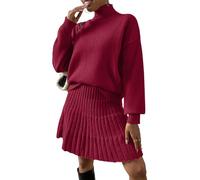 ORANDESIGNE 2 Stücke Set Damen Rollkragenpullover Schulterpullover Fallen Lassen und Plissierter Strickrock Einfarbiger Rundhals Langarm Pullover und Rock Zweiteiliger Strickkleid Anzug A Weinrot XS