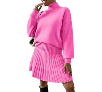 ORANDESIGNE 2 Stücke Set Damen Rollkragenpullover Schulterpullover Fallen Lassen und Plissierter Strickrock Einfarbiger Rundhals Langarm Pullover und Rock Zweiteiliger Strickkleid Anzug A Rose L