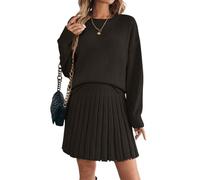 ORANDESIGNE 2 Stücke Set Damen Rollkragenpullover Schulterpullover Fallen Lassen und Plissierter Strickrock Einfarbiger Rundhals Langarm Pullover und Rock Zweiteiliger Strickkleid Anzug B Kaffee M