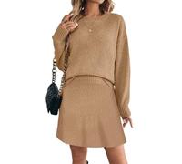 ORANDESIGNE 2 Stücke Set Damen Rollkragenpullover Schulterpullover Fallen Lassen und Plissierter Strickrock Einfarbiger Rundhals Langarm Pullover und Rock Zweiteiliger Strickkleid Anzug B Kamel XS