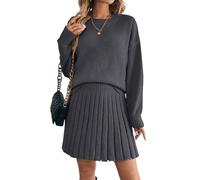 ORANDESIGNE 2 Stücke Set Damen Rollkragenpullover Schulterpullover und Plissierter Strickrock Einfarbiger Rundhals Langarm Pullover und Rock Zweiteiliger Strickkleid Anzug B Dunkelgrau XS
