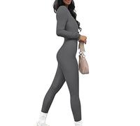 ORANDESIGNE A Dunkelgrau Damen Sport Jumpsuit Lang Eng Yoga Bodysuit Overall Stretch Langarm Bodycon Strampler Sportanzug Einteiler Hosenanzug Trainingsanzug L