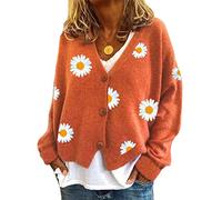 ORANDESIGNE A Orange Damen Strickjacke Gänseblümchen Druck Strickmantel V Ausschnitt Strickcardigan Langarm Lose mit Knopf Liebe Drucken Sterndruck Strick Cardigan XXL