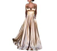 ORANDESIGNE Abendkleid Damen Lang Elegant Ballkleid V-Ausschnitt Maxikleid Brautjungfernkleid Cocktailkleid Festlich Kleid Wickelkleid Swing Sommerkleid Weihnachtskleider 01 Gold M