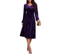 ORANDESIGNE Abendkleid Damen Samt Midi Elegant Samtkleid Blumen Cocktail Langarm Cocktailkleid V-Ausschnitt Hohe Taille Glänzend Partykleid A Lila S