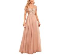 ORANDESIGNE Abendkleider Elegant für Hochzeit Abendkleid Damen Lang Tüll Kleid Paillettenkleid Chiffonkleid Damen Brautjungfernkleid Abschlusskleid Bodenlanges Ballkleid Maxikleid E Champagner L