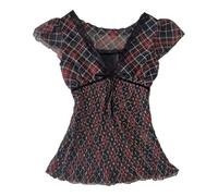 ORANDESIGNE Babydoll Top Damen Y2K Polka Dot Tops Kurzarm Bluse Teenager Mädchen 2000S Clothes Cute Schleifen Oberteil B Plaid L