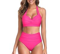 ORANDESIGNE Bikini Damen Push Up Bikini Set Bikini Panty High Cut Bademode Badeanzug High Waist Crossover Bademode Bikinihose Sexy V Ausschnitt Sportlich Zweiteiliger Strandbikini H Rosa 46