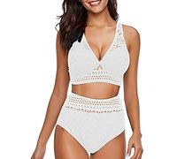 ORANDESIGNE Bikini Damen Push Up Bikini Set Bikini Panty High Cut Bademode Badeanzug High Waist Crossover Bademode Bikinihose Sexy V Ausschnitt Sportlich Zweiteiliger Strandbikini I Weiß 46
