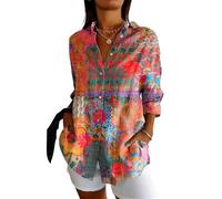 ORANDESIGNE Blusen & Tuniken für Damen Button Down Hemden Damenblusen Langarm Bedrucktes Hemdbluse mit Knöpfen Blusenshirt Lose Langarmshirt Longbluse Damen Lässig für Leggings Orange L