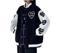 ORANDESIGNE Bomberjacke Damen Sweatjacke College Casual Sweat Jacket Taste Oversized Patchwork Jacke Vintage Druck Jacken Baseball Mantel Sport Jacke N Schwarz S