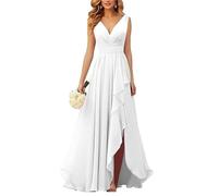 ORANDESIGNE Brautjungfernkleider Abschlusskleid Abendkleid Damen Lang Kleid für Hochzeit Als Gast Spaghettiträgern V-Ausschnitt Chiffon Ballkleider mit Schlitz A Weiß XL