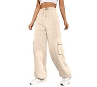 ORANDESIGNE Cargohose Damen Baggy High Waist Weites Bein Straight Leg Jogginghose Sporthosen Loose Casual Stoffhose Palazzo Hose mit Tunnelzug Sweatpants Joggers Trousers Aprikose L