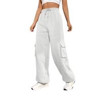 ORANDESIGNE Cargohose Damen Baggy High Waist Weites Bein Straight Leg Jogginghose Sporthosen Loose Casual Stoffhose Palazzo Hose mit Tunnelzug Sweatpants Joggers Trousers Weiß L