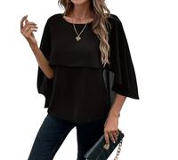 ORANDESIGNE Chiffon Bluse Damen Elegant Blusen Sommer Shirt Rundhals Oberteile Kurzarm Tunika Doppellagige Poncho A Schwarz XL