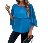 ORANDESIGNE Chiffon Bluse Damen Elegant Blusen Sommer Shirt Rundhals Oberteile Kurzarm Tunika Doppellagige Poncho A Blau XXL