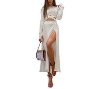 ORANDESIGNE Damen 2-Teiliges Kleid Herbst Winter Lange Ärmel Geripptes Kleider Sets Strickoberteil mit Rollkragen + Midirock Strickkleid Zweiteiliger Anzug C Weiß M