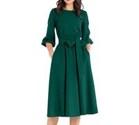 ORANDESIGNE Damen 3/4 Ärmel Rundhalsausschnitt Kleider Casual Kleid mit Taschen Partykleid Rockabilly Kleider 3/4 Arm Festlich Kleid Vintage Swing Cocktailkleid Midilang X1 Grün 44