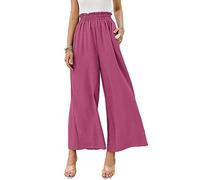ORANDESIGNE Damen 7/8 Leinenhose Casual Einfarbig Baggy Hose Elastischen Freizeithosen Culotte 7/8 Weite Hose Sommerhose Schlaghose Elegante Hosen mit Taschen A Rosarot XS
