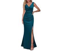 ORANDESIGNE Damen Abendkleid V-Ausschnitt A-Linie Party Hohe Taille Langes Kleid mit Schlitzen Einfarbig Schlank Ärmelloses Abendkleid Cocktail A Grün S