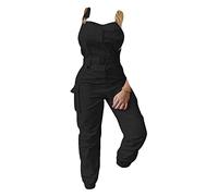 ORANDESIGNE Damen Ärmellos Cargo Overalls Verstellbare Träger Overalls mit Taschen und Gürtel Lässige Mode Tapered Trägerhose A Schwarz XS