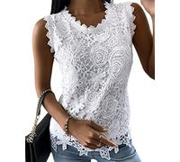 ORANDESIGNE Damen Ärmellos T-Shirt Sommer Oberteile Sexy Tank Tops Casual Rundhals Basic Blusentop Spitze Weste Top Lässige Einfarbige Sommerbluse Shirt Elegant Spitzentop A Weiß XXL
