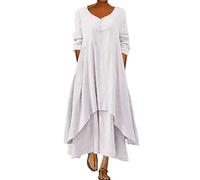 ORANDESIGNE Damen Baumwolle Leinen Einfarbig Kaftan Lose V-Ausschnitt Leinenkleid 2 in 1 Maxikleid Freizeitkleid Oversized Sommerkleid Strandkleider Boho Langes Kleid mit Taschen A Weiß 3XL