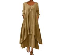 ORANDESIGNE Damen Baumwolle Leinen Einfarbig Kaftan Lose V-Ausschnitt Leinenkleid 2 in 1 Maxikleid Freizeitkleid Oversized Sommerkleid Strandkleider Boho Langes Kleid mit Taschen A Khaki 3XL