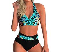 ORANDESIGNE Damen Bikini Set Wickeloptik Hohe Taille Gedruckt Bikini Frauen Bademode Blumenmuster Zweiteiliger Push-Up Badeanzug 2 Stücke Swimsuit C Blau S