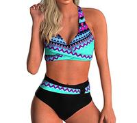ORANDESIGNE Damen Bikini Set Wickeloptik Hohe Taille Gedruckt Bikini Frauen Bademode Blumenmuster Zweiteiliger Push-Up Badeanzug 2 Stücke Swimsuit D Blau S